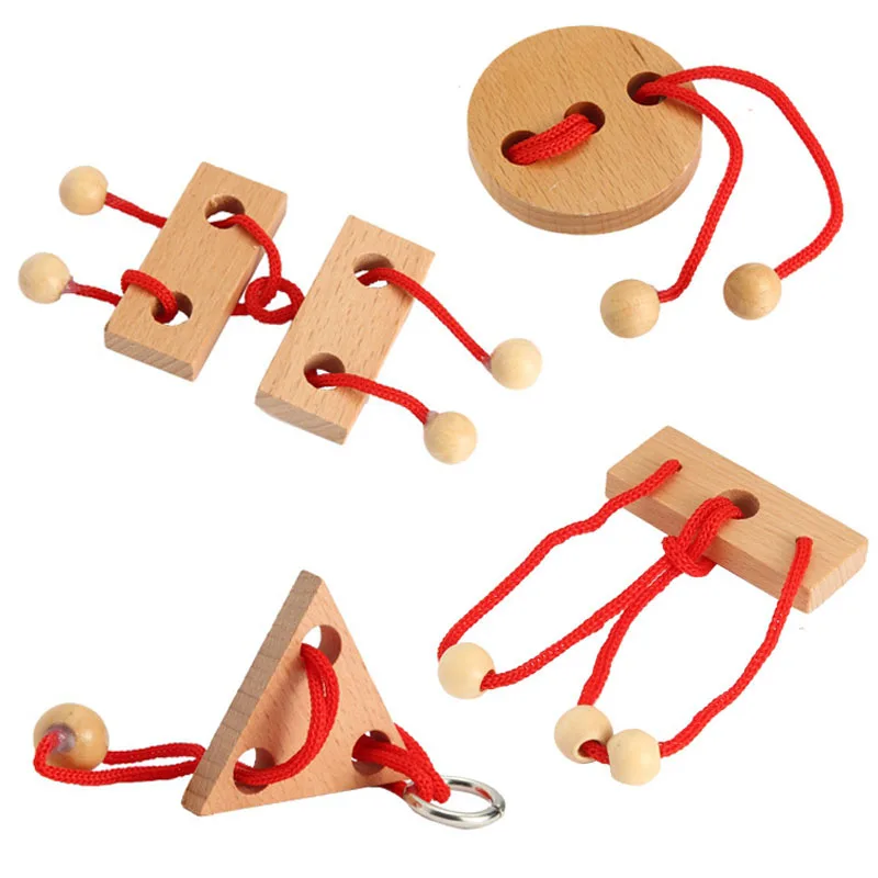 4PCS Set Ropes Solution Brain Teaser Puzzle Wooden Threading Rope Loop Puzzles Educational Mind Challenges For Adults