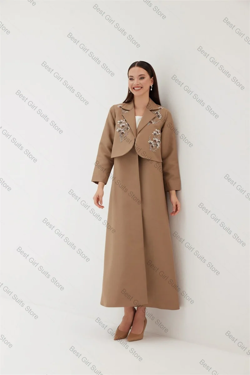 

Khaki Women Suit 1 Pcs Long Blazer Cotton Prom Dress Crystals Beaded Formal Office Jacket Customized Wedding Guest Coat Outfit