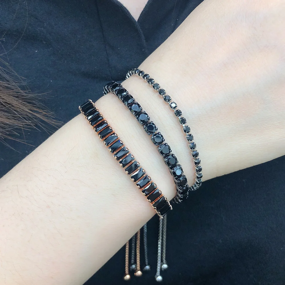 Hippie Black Crystal Tennis Bracelet for Men Steampunk Adjustable Zircon Women\'s Bangle Chain on The Hand Hip Hop Trendy Jewelry