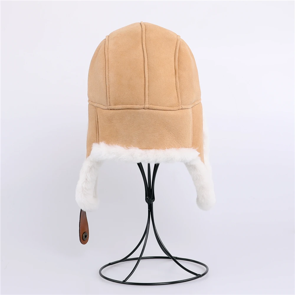 Winter Unisex 100% Shearling Wool Bomber Hat Ushanka Cap Lamb Fur Trapper Russian Man Women Ski Hats Real Leather Caps