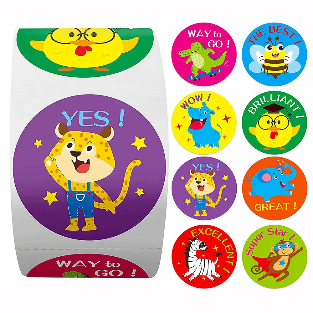 100-500 pezzi 1 pollice rotondo giocattoli del fumetto adesivi animali per bambini insegnante ricompensa incoraggia adesivo cancelleria per ufficio per bambini