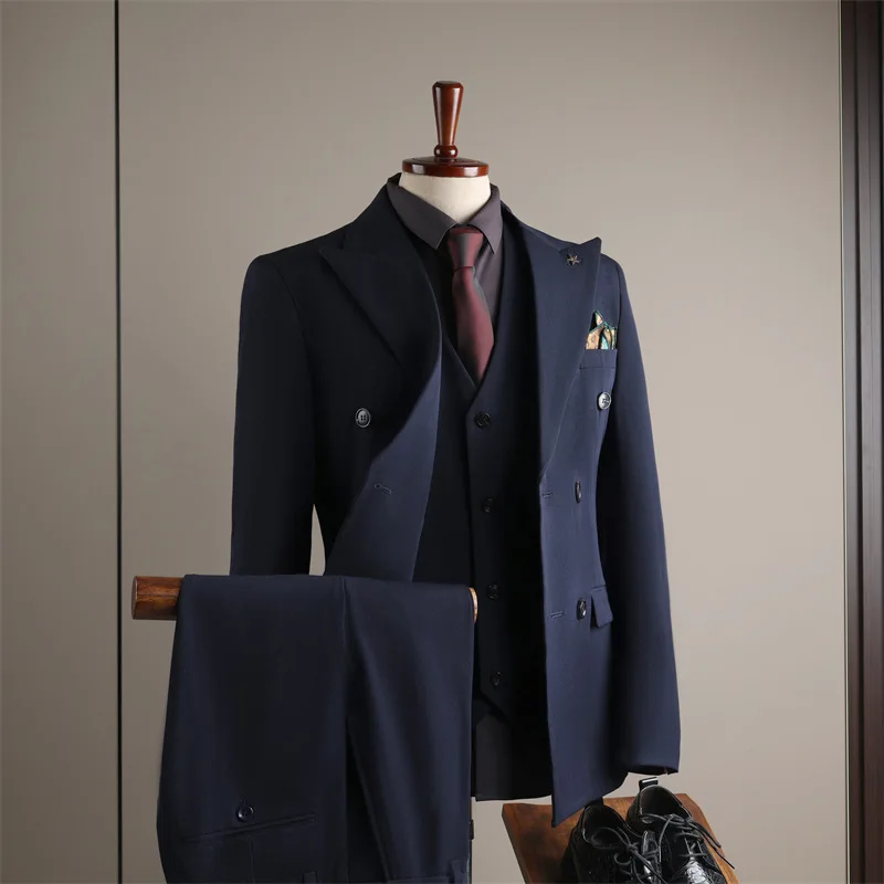 

KIDWHXR Men Suit Set Simple Solid Color Double-breasted Blazer Male V-neck Vest Straight-leg Pant Man Wedding 3-piece Outfit