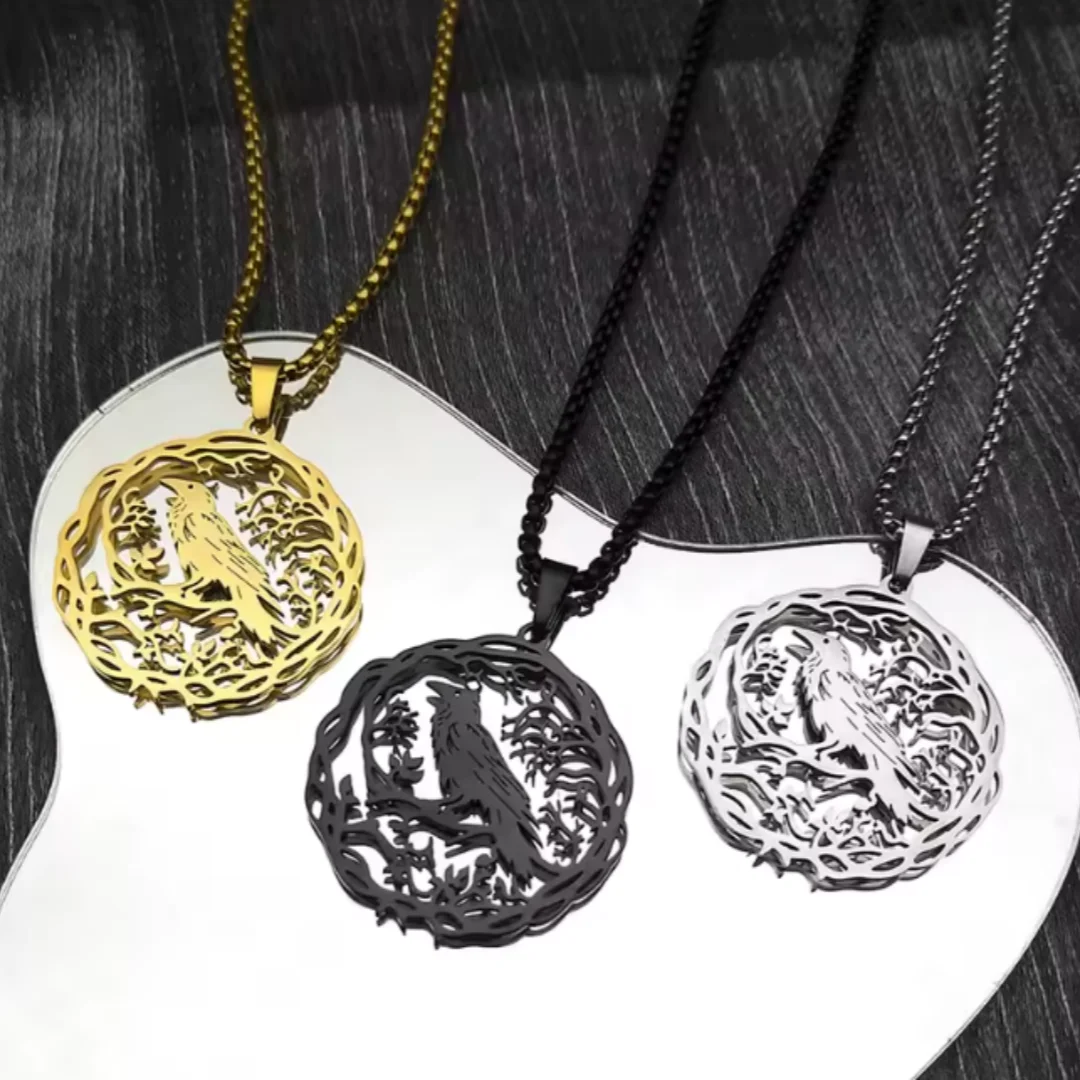 Gothic Black Crow Tree Of Life Bird Pendant Necklace For Women Men Stainless Steel Hip Hop Raven Animal Plant Jewelry Party Gift