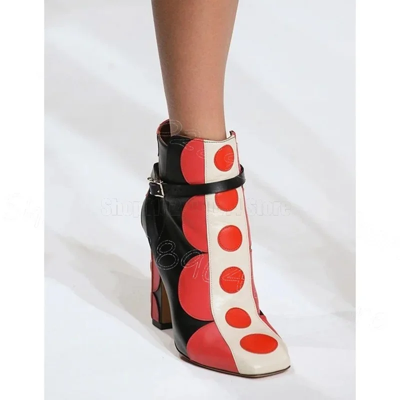 

Mixed Color Wave Point Print Buckle Ankle Boots Side Zipper Women Shoes Chunky High Heels Square Toe 2025 Zapatos Para Mujere