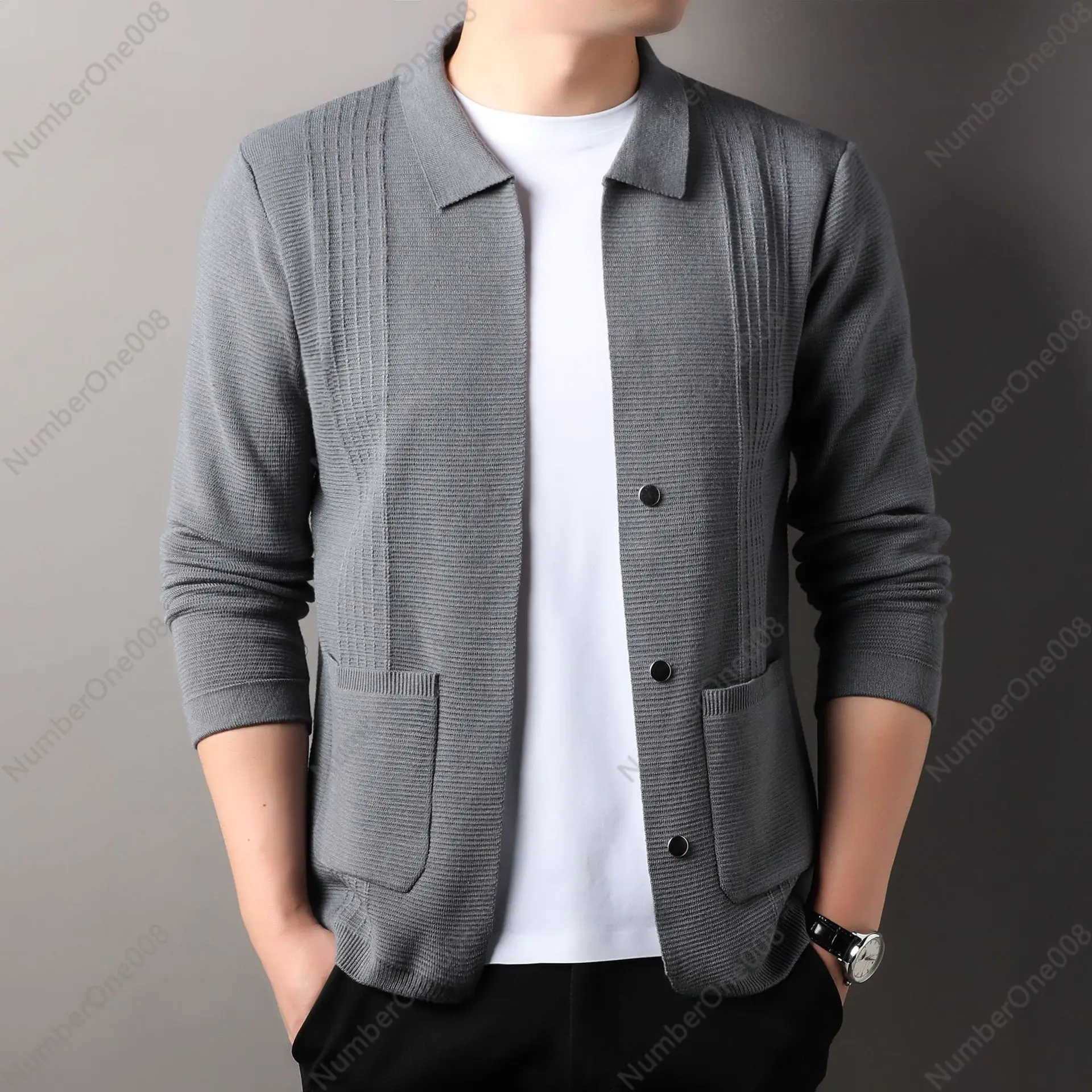 Men's Knitted Cardigan 2024 Autumn New Lapel Solid Color Long Sleeve Pocket Button Decorative Sweater Jacket Men