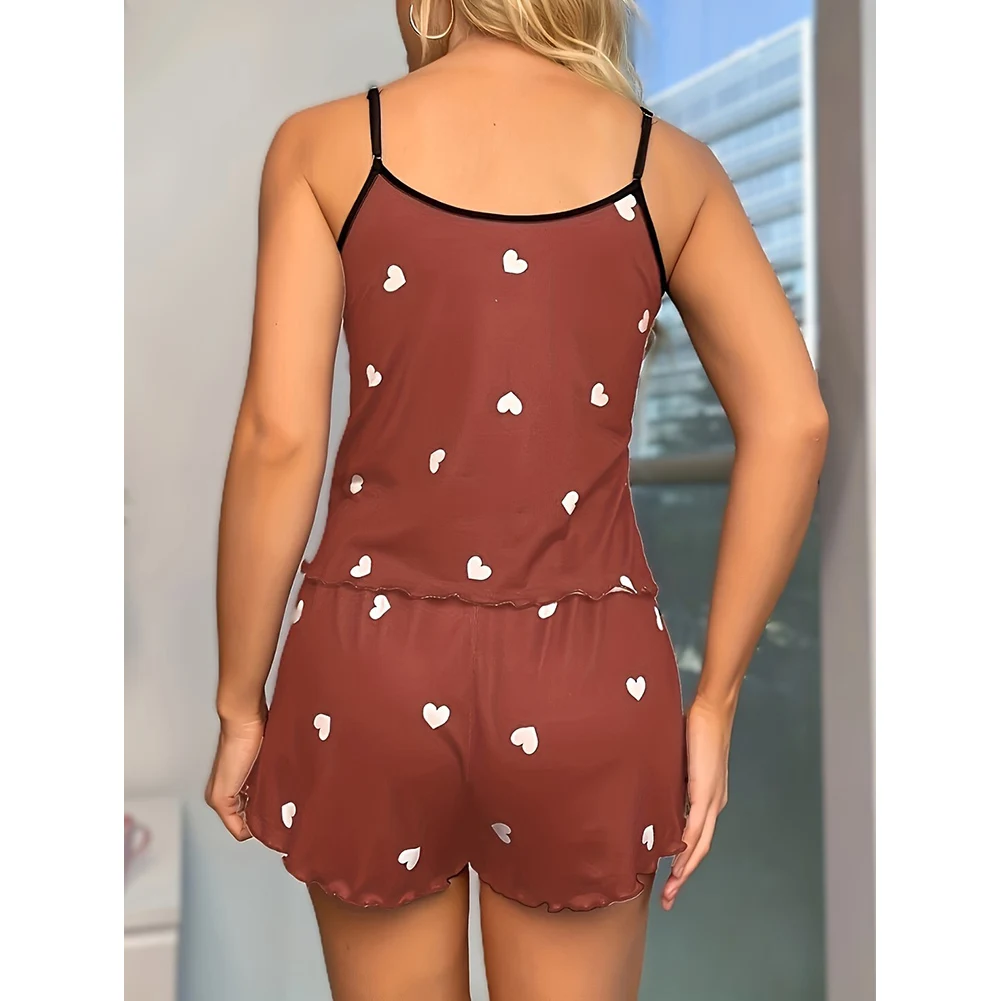 Womens Polyester Print Vest and Shorts Pajama Set Sleeveless Strap Design Regular Length Medium Stretch All Season Wear