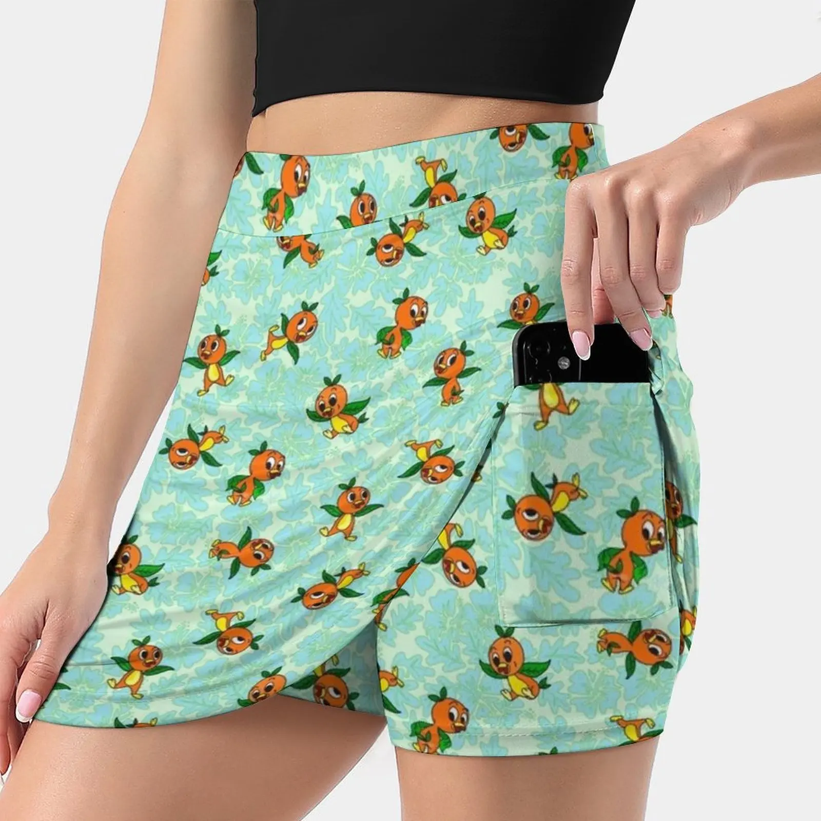 Little Orange Tropical Bird On Hibiscus Robin’S Egg Blue Women's skirt Mini Skirts A Line Skirt With Hide Pocket Orange Bird