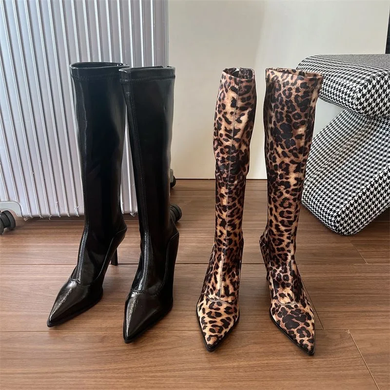 

Autumn Winter New Pointed Toe Stiletto Fashion Show Leopard Print Over-the-Knee High Women's Boots High Heel Ankle Boots