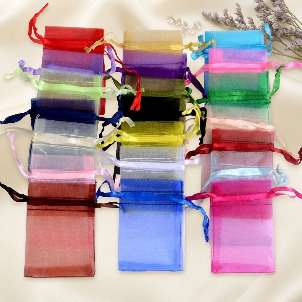 25 pièces/lot de pochettes cadeaux en organza avec cordon de serrage, 24 couleurs, pour bijoux, bonbons, mariage, Noël, accessoires d'emballage pour fêtes