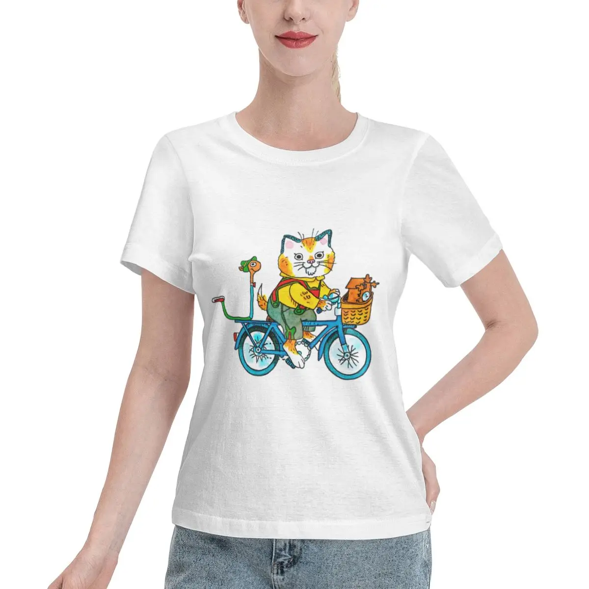Custom Available Mr Cat And Worm Go For A Bike Ride Women's T-shirt Street Fashion Outdoor Casual Top