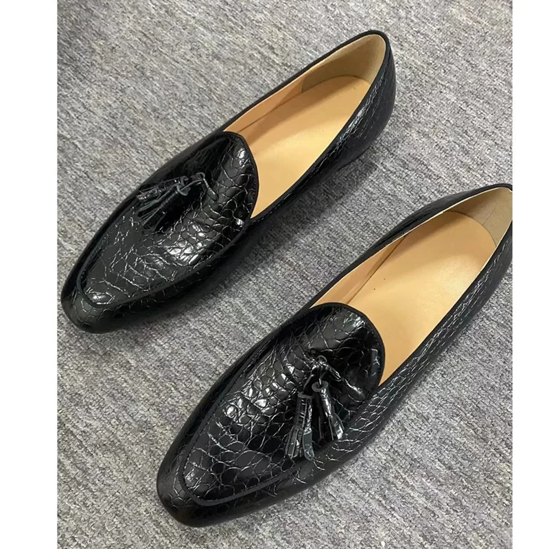 Luxury Fashion Tassel Laofers Black Leather Shoes For Men High Quality Slip On Flats Casual Shoes Mens Boat Shoes
