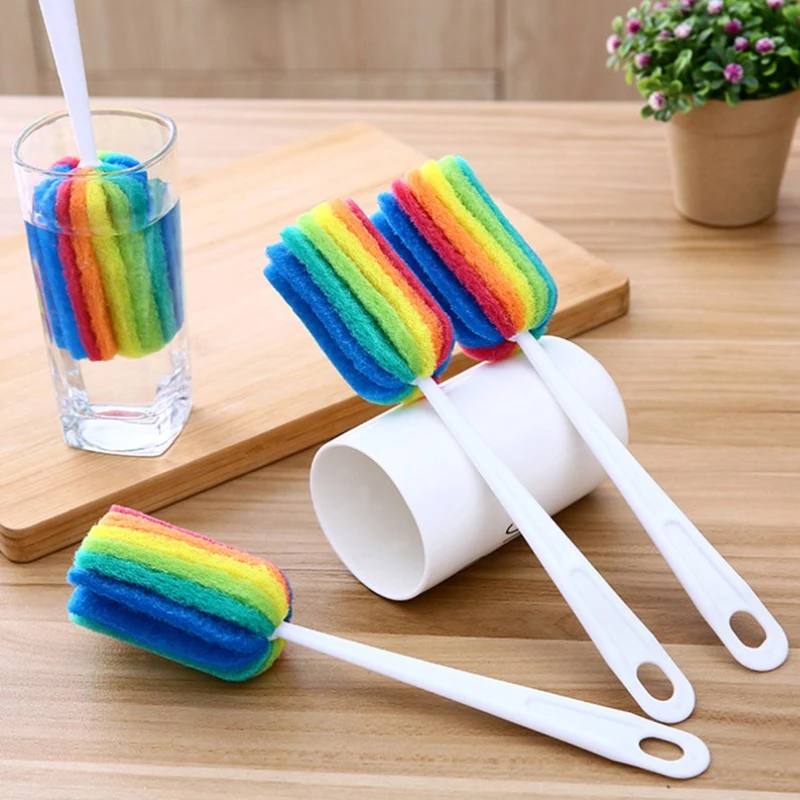 Rainbow Sponge Brush Water Bottle Cup Mug Glass Washing Sponge Cleaning Brush Scrubber With Handle Cleaning Utensils