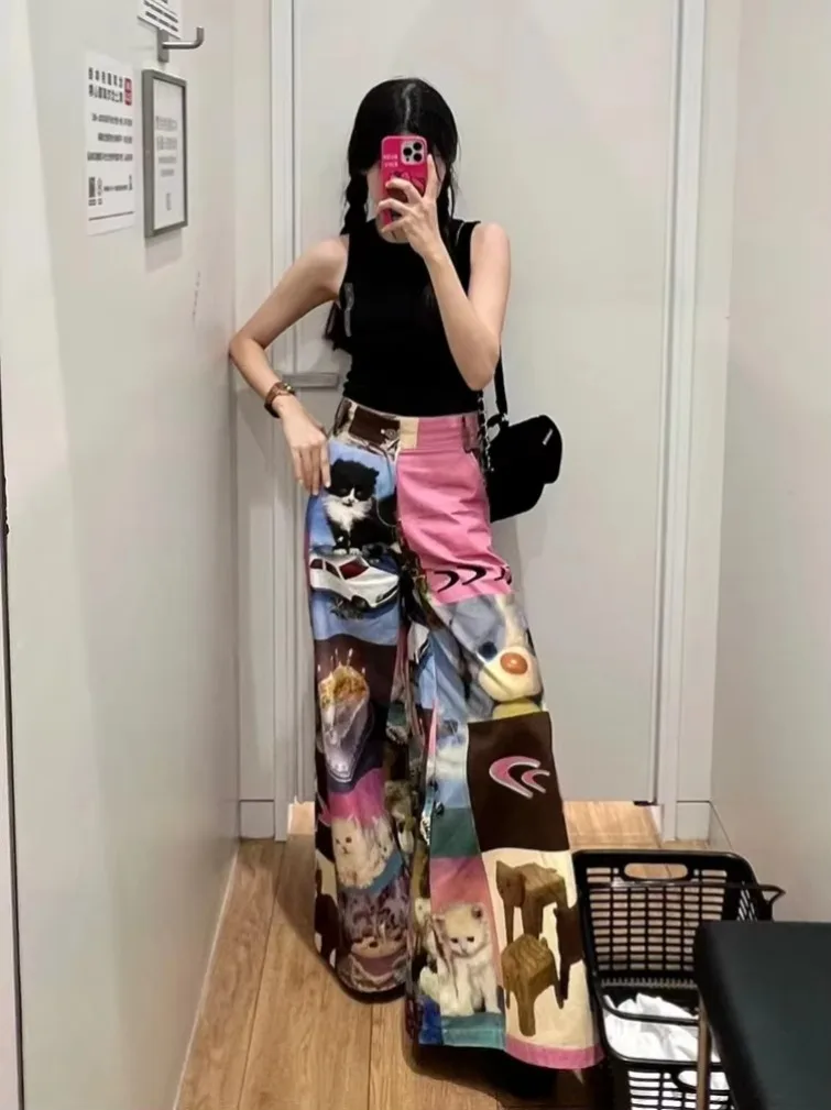 

American Street Cute Cartoon Print Pants for Women Loose Wide Leg New Y2k Grunge High Waist Straight Trousers