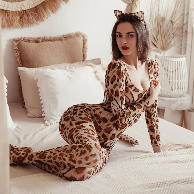 Hot Sexy Open Crotch Leopard Jumpsuit Backless Bodycon Sex Porn Bodysuit Outfit Adult Sexual Fantasy Cosplay Temptation Costumes