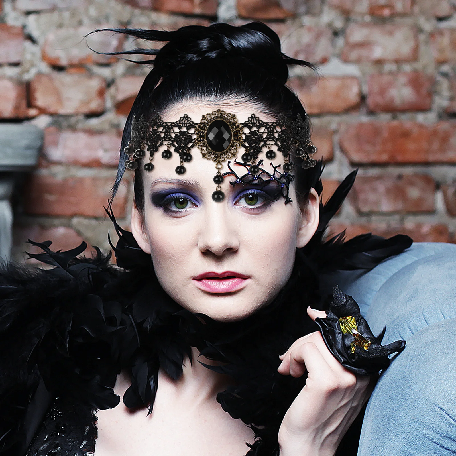 

Gothic Lace Headband Black Tassels Vintage Gothic Halloween Headdress Comfortable Fabric Hairpiece Party Masquerade Accessories