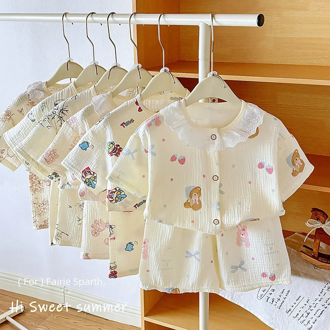 

Children's Home Clothes, Men's and Women's Cotton Yarn, Class A Short Sleeved Pajamas, Summer Short Sleeved Set, Baby Thin Style