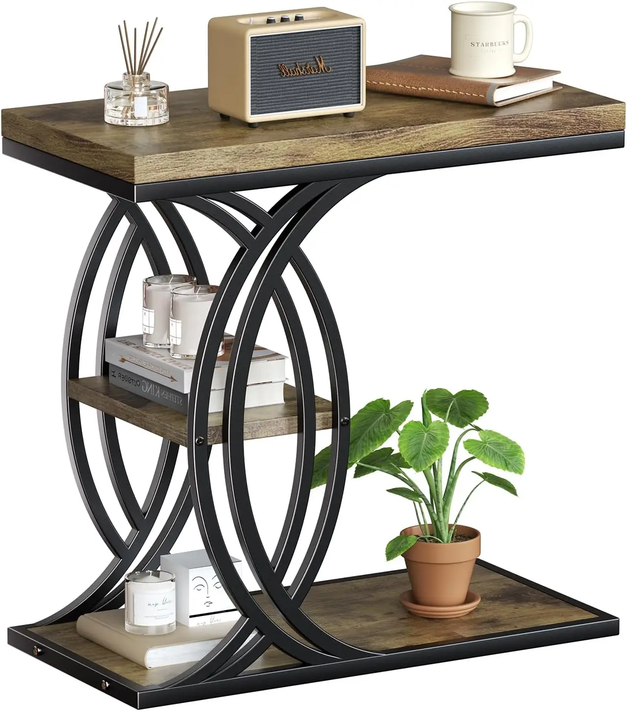 

C Shaped End Table, Bed Side Table, 3-Tier Side Table with Metal Frame, Wood End Table with Storage for Living Room, Couch, S