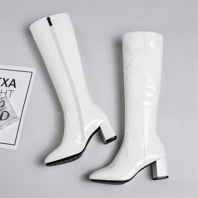 Red White Patent Leather Women Knee High Boots Block Heels Go Go Halloween Party Dress Lady Square Toe Winter Zipper Long Shoes