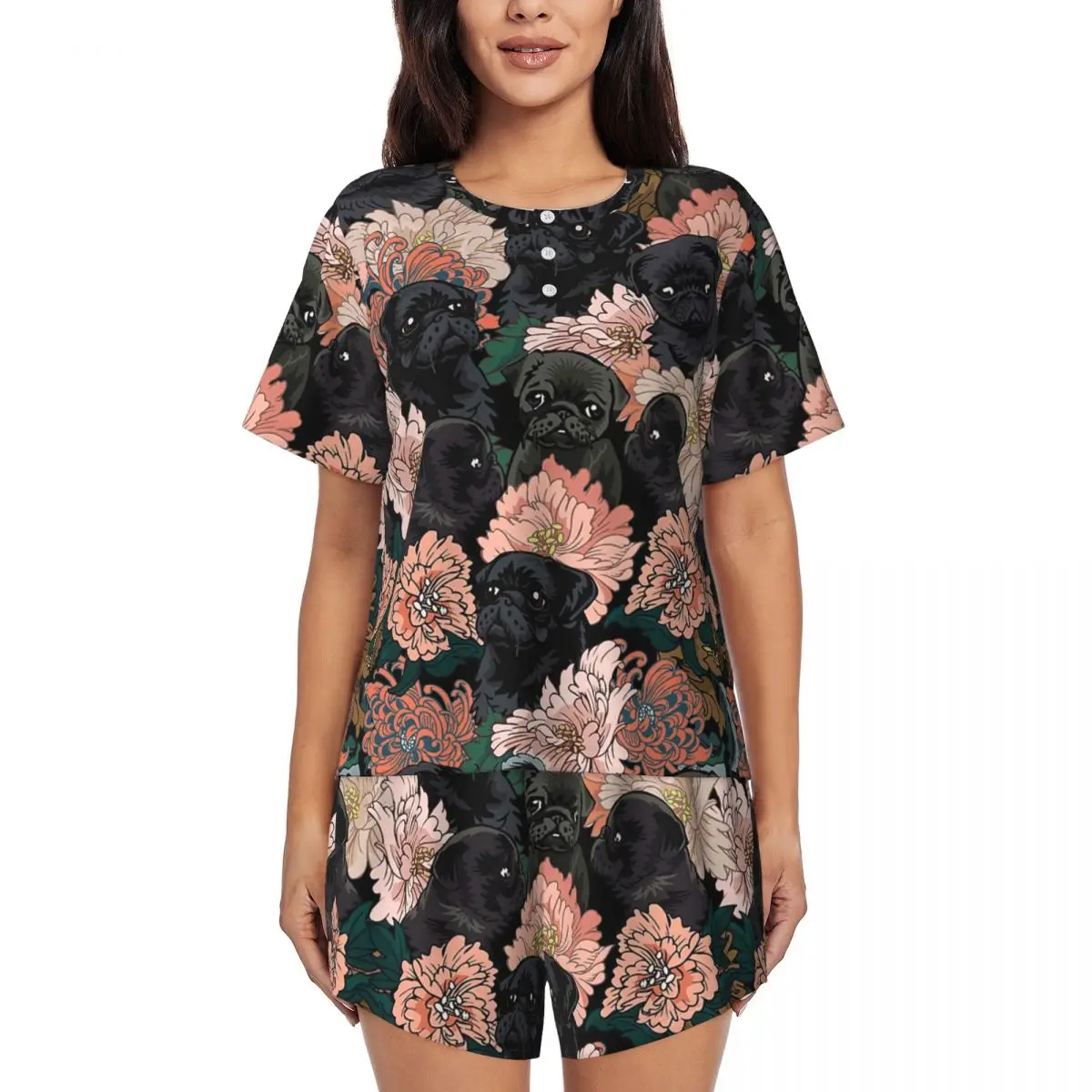 

Черные пижамы с круглым вырезом и короткими рукавами для сна, женские свободные пижамные комплекты с короткими штанами