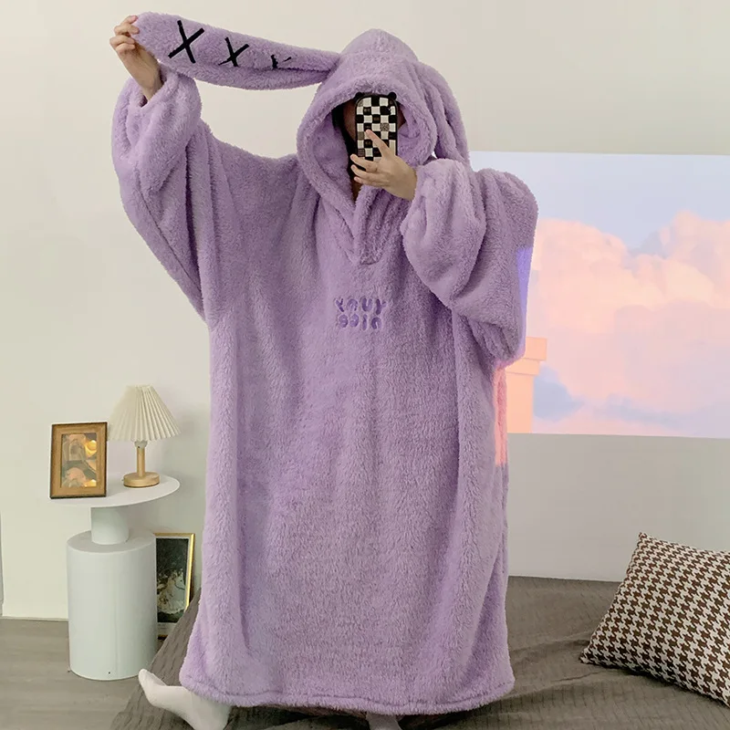 Flannel Hooded Home Clothes Loose Sleepwear Winter Women\'s Thick Coral Fleece One-Piece Nightgown Cute Big Gown Lounge Wear