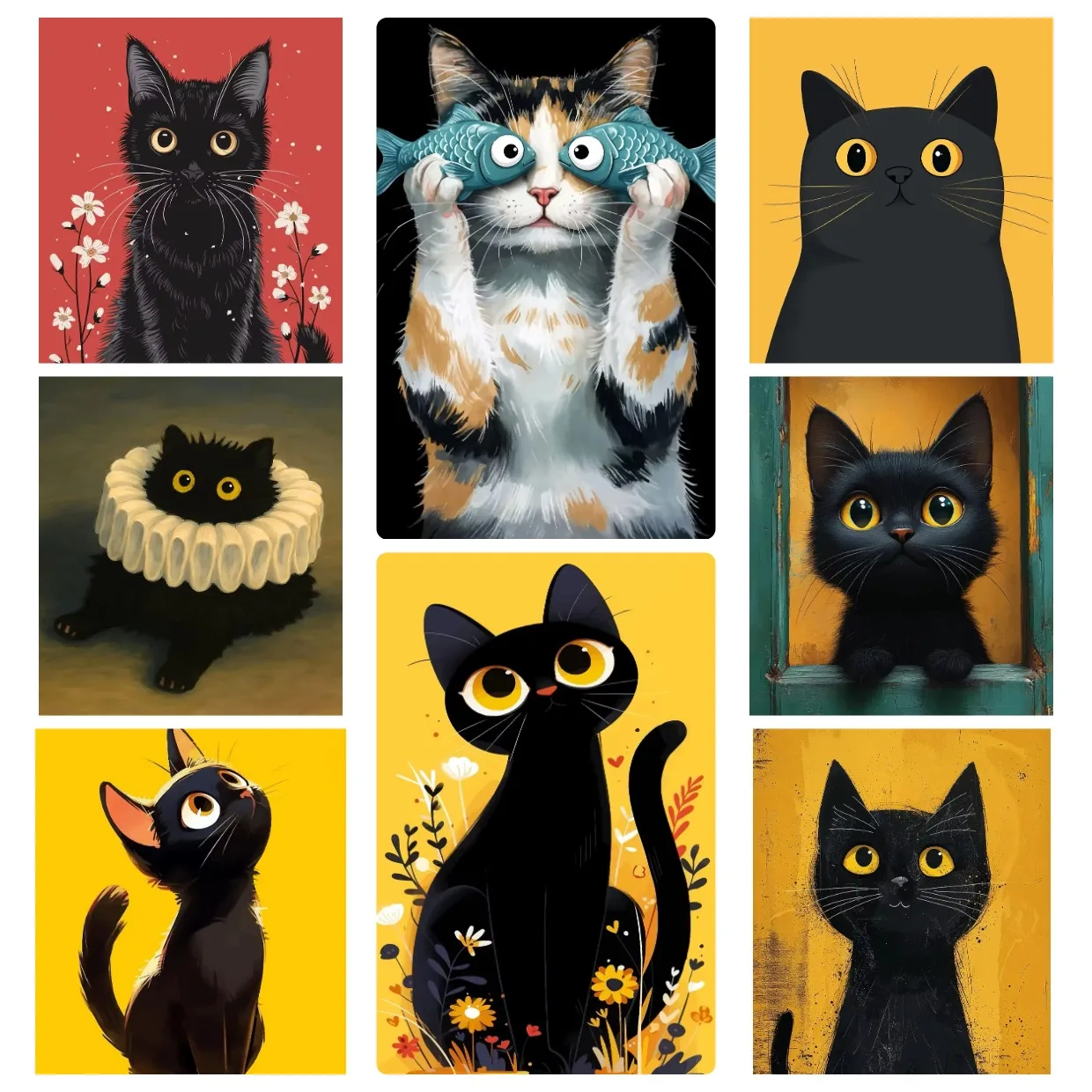 Digital Oil Painting By Number Unframed Canvas Whimsical Cat Portrait Bright Solid Color DIY Painting Kit Wall Decor