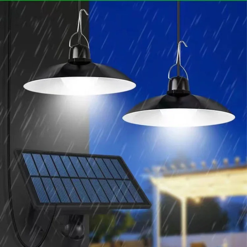 Luz colgante Solar de doble cabezal para exteriores e interiores, lámpara Solar impermeable de 60 LED con interruptor de tracción, iluminación para