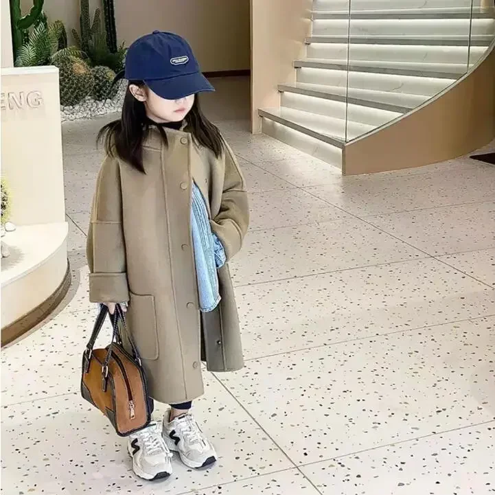 2023 Korean Style Double-sided Woolen Solid Color Coat Medium Size Childrens Woolen Coat Autumn and Winter Coat