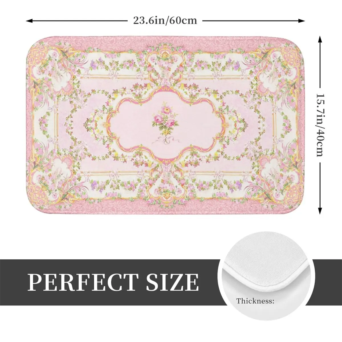 French Rococo Pink Floral Watercolor Panel Non-slip Doormat Floor Mat Dust-proo Carpet Rug for Kitchen Entrance Home Bedroom