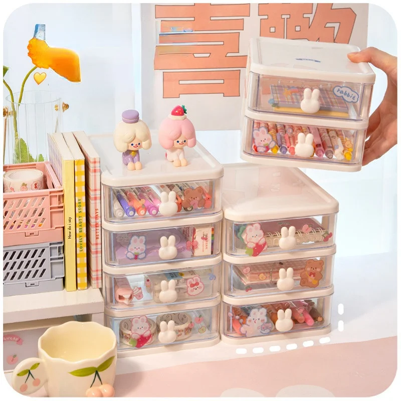 Rabbit Kawaii Desktop Organizer Drawer Pink/White Washi/Paper/Pencil/Sticker/Marker Cute Desk Storage Box Pen Holder Stationery