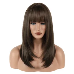 Midum Long Wedding Wig Sythetic Straigt Hair Neat Bangs  Cosplay for Girl