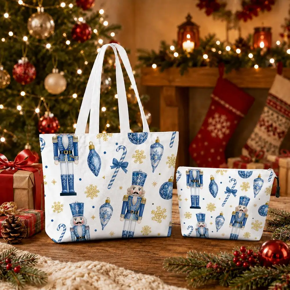 Nutcracker Christmas Snowflake Storage Bags 2PC Printed Canvas Shopping Bag Set with Zipper Pouch Foldable Tote Festival Party