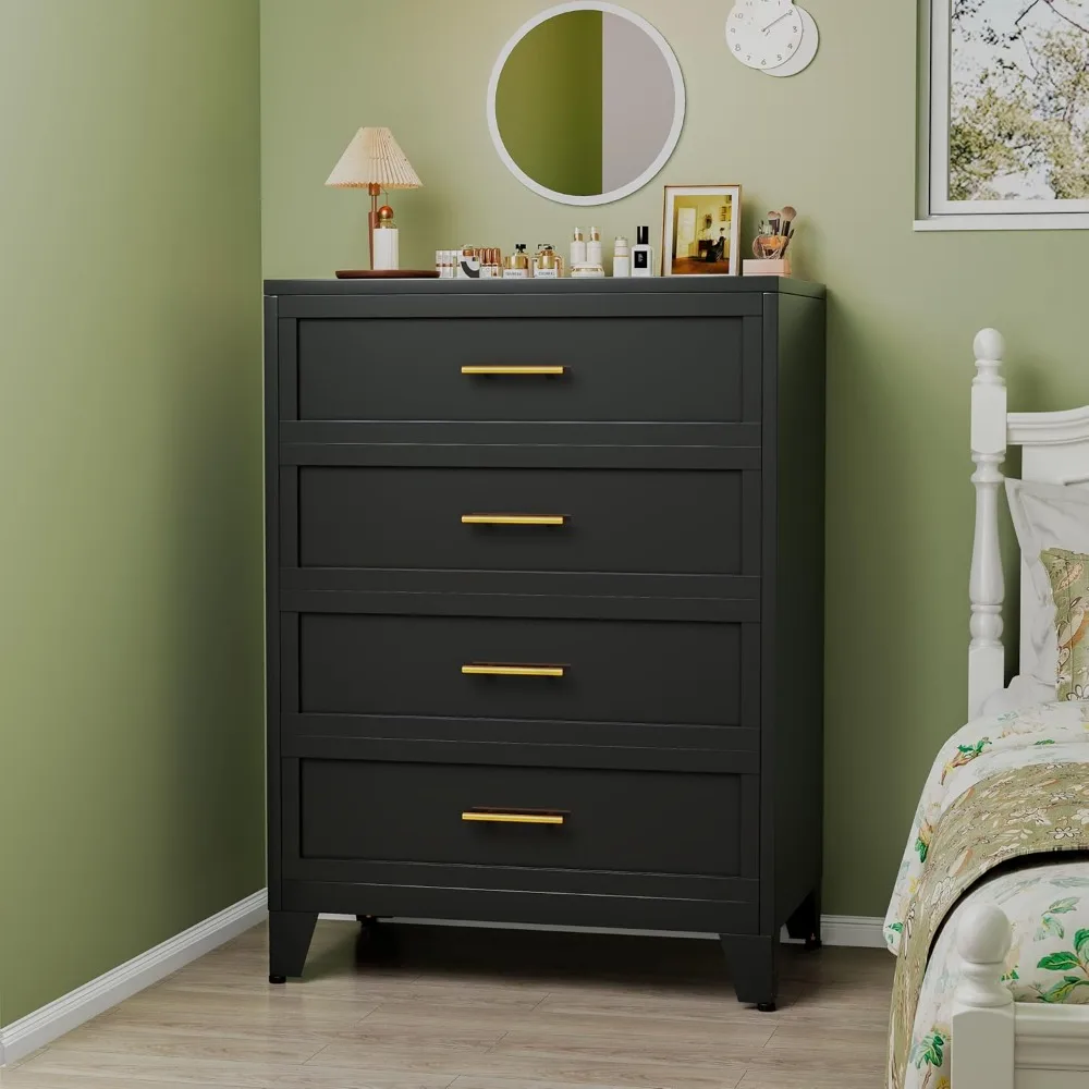 

Black 4 drawer bedroom dressing table, metal dressing table and drawer cabinet, 43.1 high storage cabinet, large storage cabinet