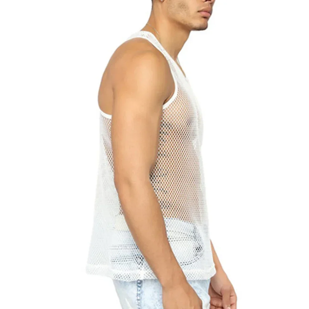 Tank Tops Vest Men O-neck Party Nightclub Wear Rose Red Black Fashion M-2XL Mesh Patchwork Sleeveless Streetwear