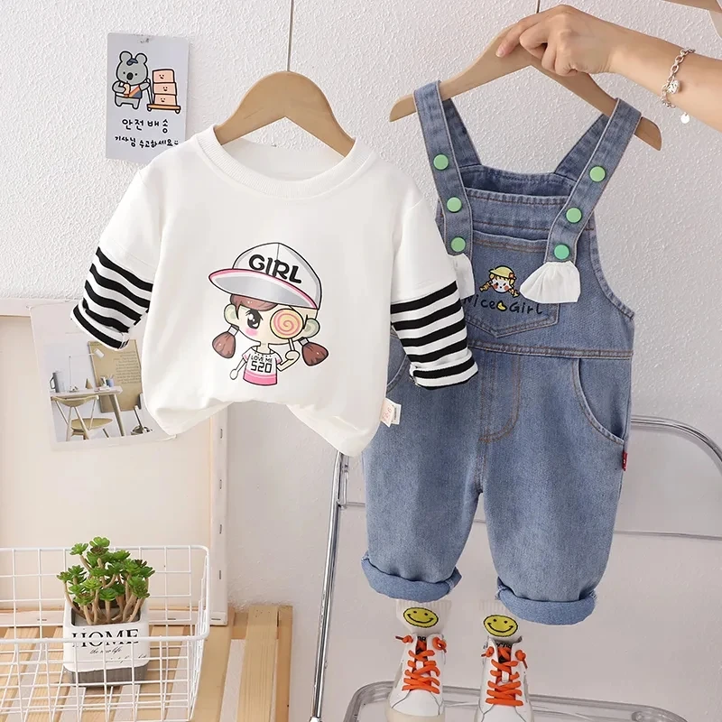 Girls Baby Clothes Set New Korean Children\'s Denim Strap Pants Long Sleeve T-shirt 2-Piece Spring and Autumn