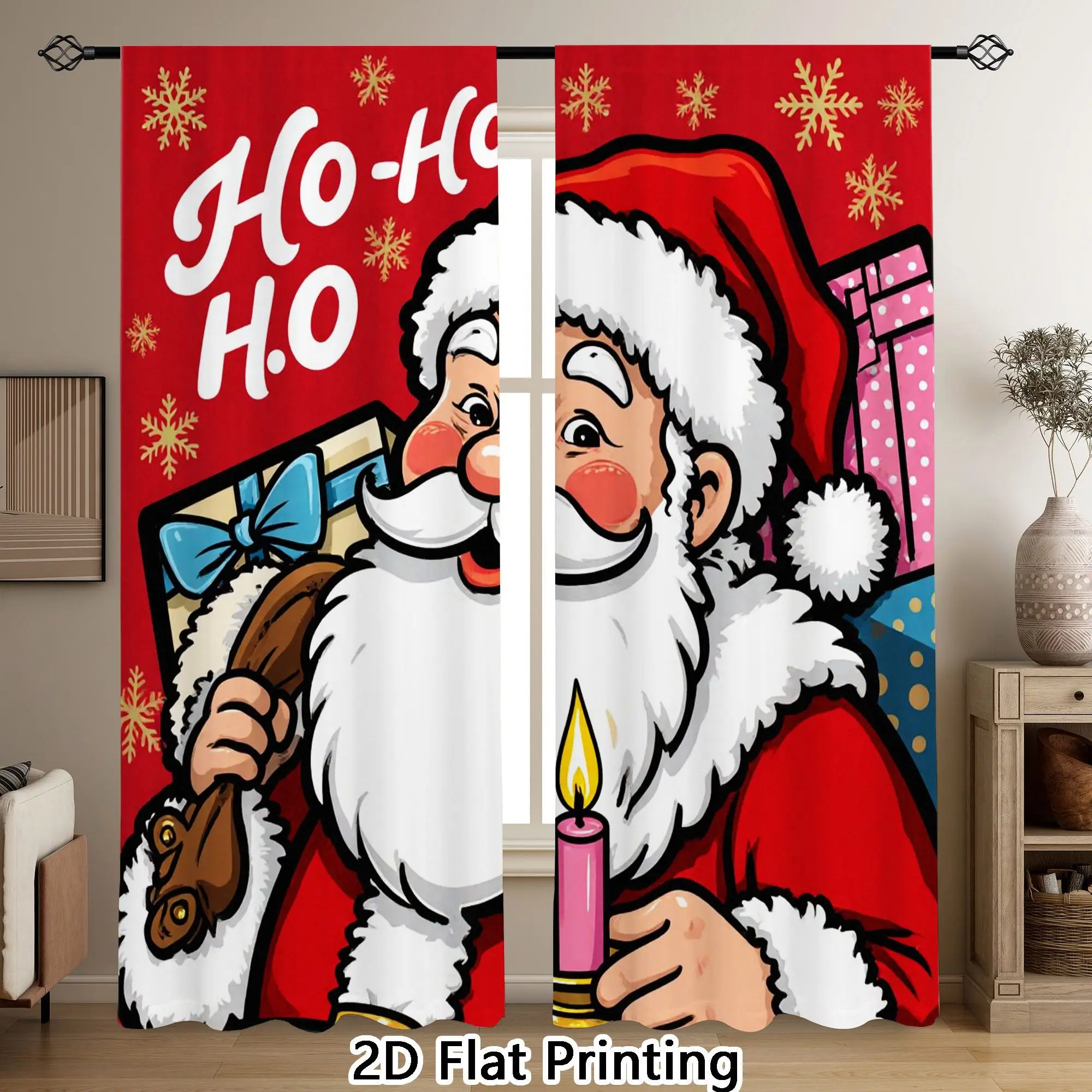 Santa Claus Ho Ho Ho Curtains, Christmas Gift Candle Print Window Drapes, Festive Holiday Decor, Blackout Fabric for Living Room