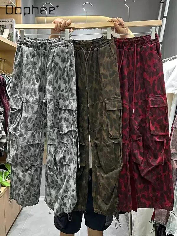 American Retro Cargo Pants Women Autumn 2024 New High-waisted Leopard Print Wide-leg Pants Casual Pants Streetwear Y2k Clothes