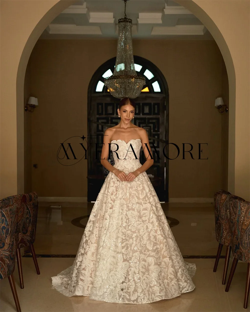 

Exquisite Sweetheart Wedding Dresses A-Line Shiny Lace Flowers Bridal Gowns Customized vestidos de novia
