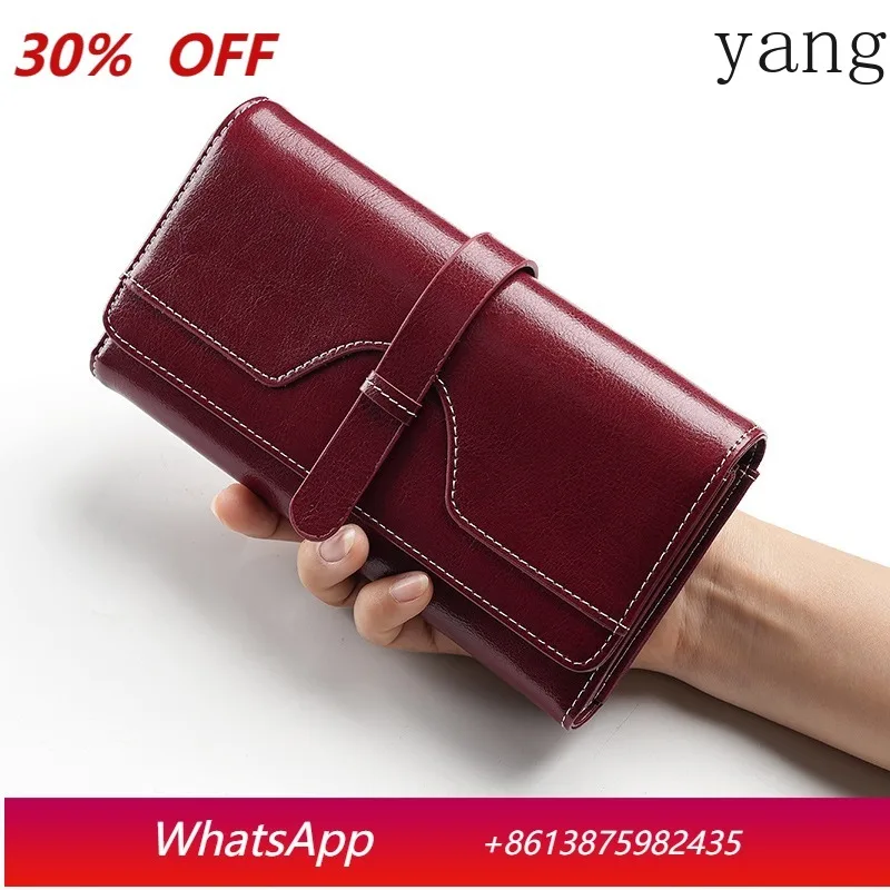Genuine Leather Wallet for Women Long Clutch Bag Oil Wax Leather Retro Women's Multifunctional RFID Anti-theft Brush Wallets