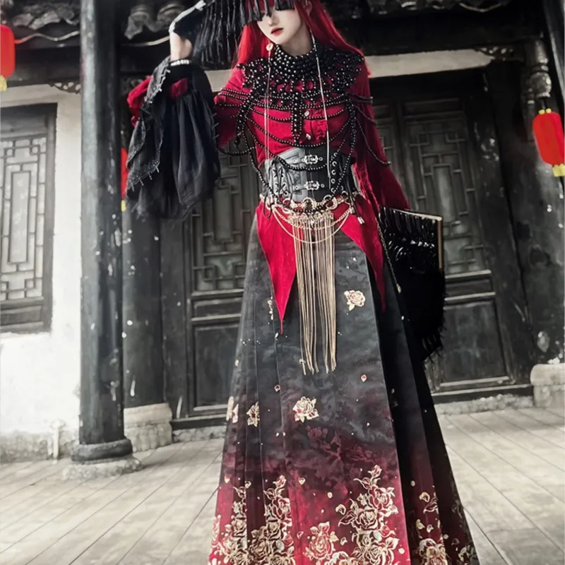 New Chinese black and red gradient rose skirt weaving gold adult Hanfu