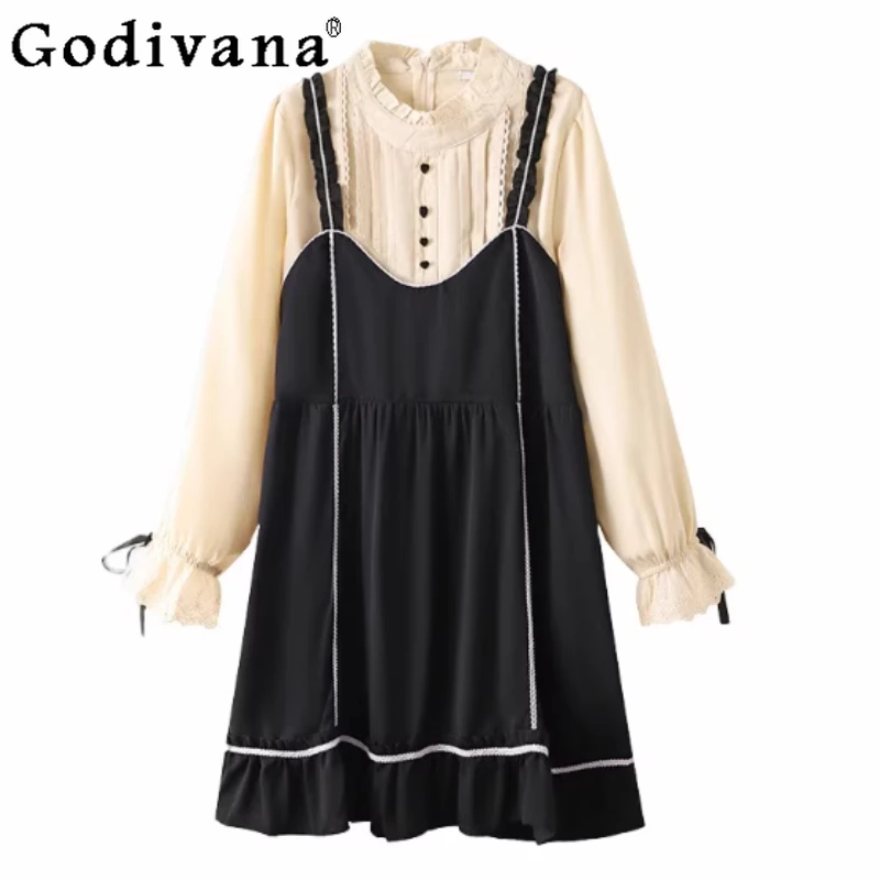 

Весенне-осенняя свободная рубашка больших размеров с воротником-стойкой, уменьшающая возраст, рубашка с длинными рукавами, модное милое женское платье с оборками и бантом на подтяжках