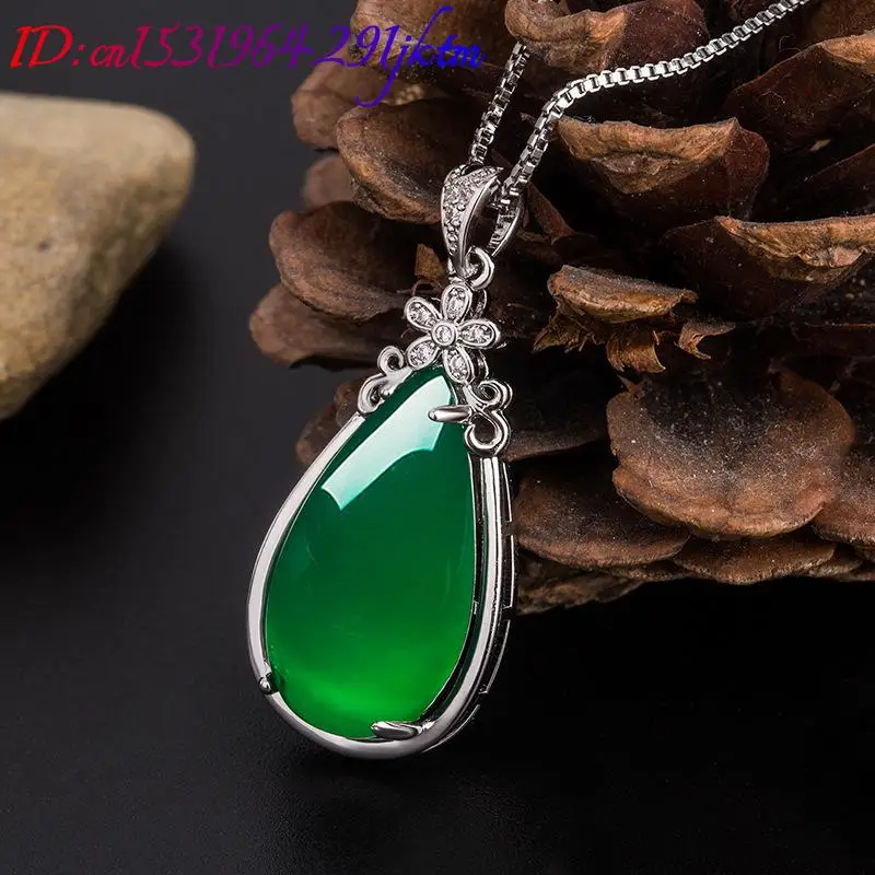 Green Natural Jade Water drop Pendant Necklace Amulet Luxury 925 Silver Charm Real Jewelry Talismans Carved Gemstone Stone