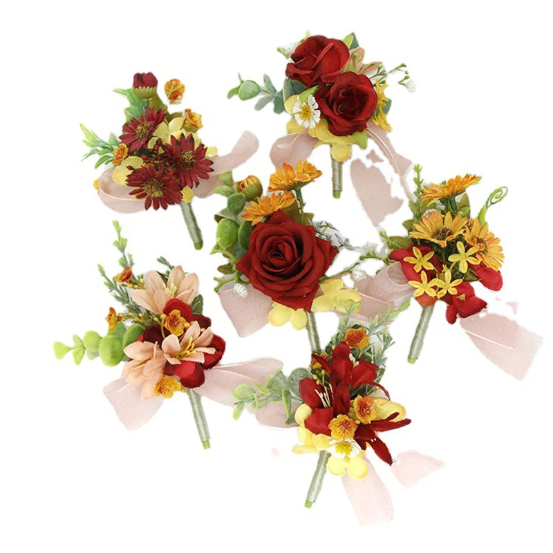 Red Rose Artificial Flower Party Home Wedding Decoration Man Wedding Boutonniere Corsage Bracelet Flowers mariage Accessories