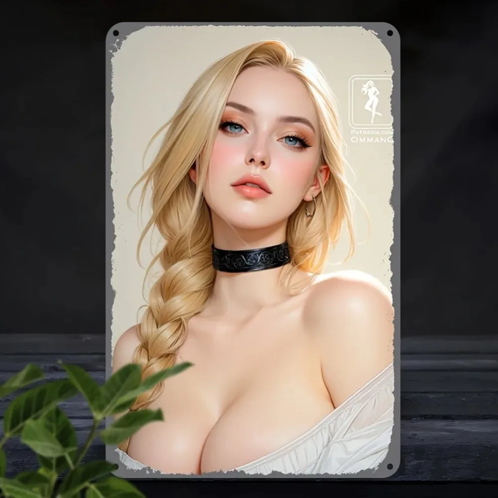 Vintage Aluminium Blonde Braided Girl Tin Sign, Black Lace Choker Beauty Portrait Wall Decor for Bedroom & Bar Home