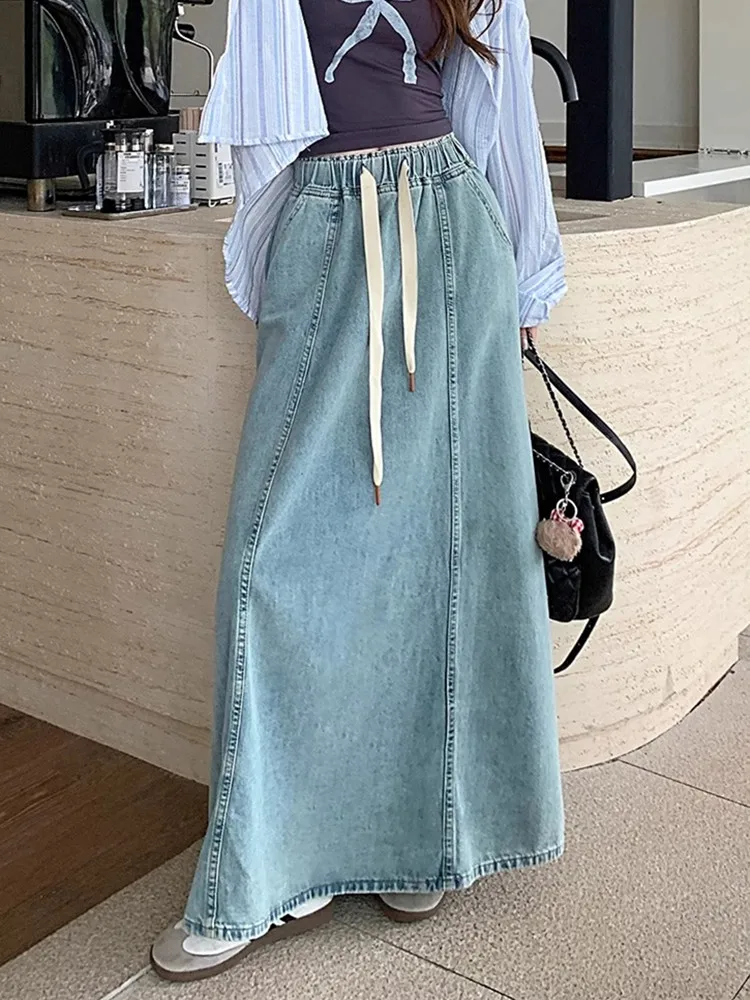 

Casual Vintage Elastic Waist Drawstring Denim A-line Long Skirt Korean Style Loose Blue Washed Splice Jean Skirt