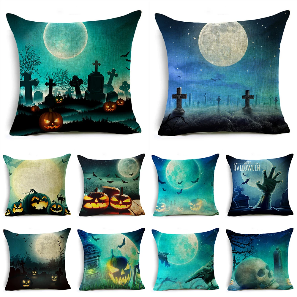 Halloween Happy Pumpkin Lantern Moon Cemetery Print Cushion Cover Home Living Room Sofa Decoration Pillow 