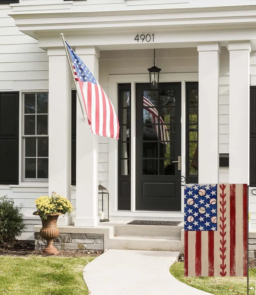 4th of July Garden Flag 12x18 Inch Double Sided, Retro American Flag with Baseball Yard Decoration,Small Seasonal Outdoor Decor