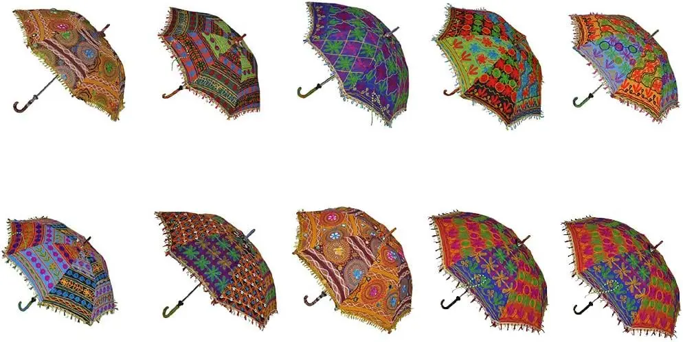 

Handmade Cotton Fashion Umbrellas with Embroidery, Multi-Colored Boho Parasol, 10-Piece Set