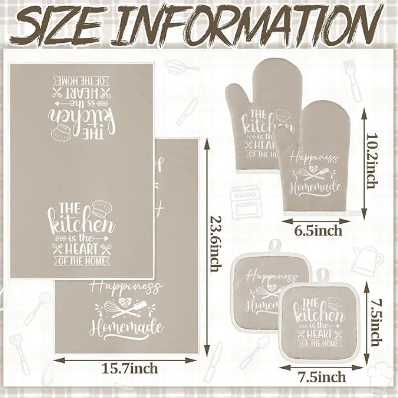 قفازات مقاومة للحرارة للفرن، مفارش مقاومة للحرارة، مناشف مطبخ سميكة ماصة، مجموعة خبز المطبخ مكونة من 6 قطع