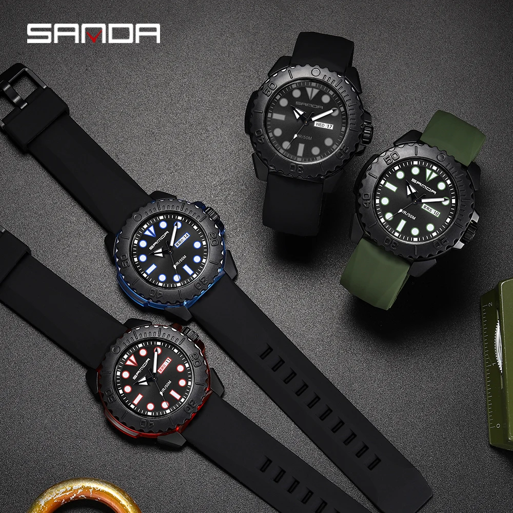 SANDA Casual Fashion Mens Quartz Wrist Watch Silicone Strap Weekly Calendar Display 2023 Fashion New Men Watch Reloj Hombre 3118