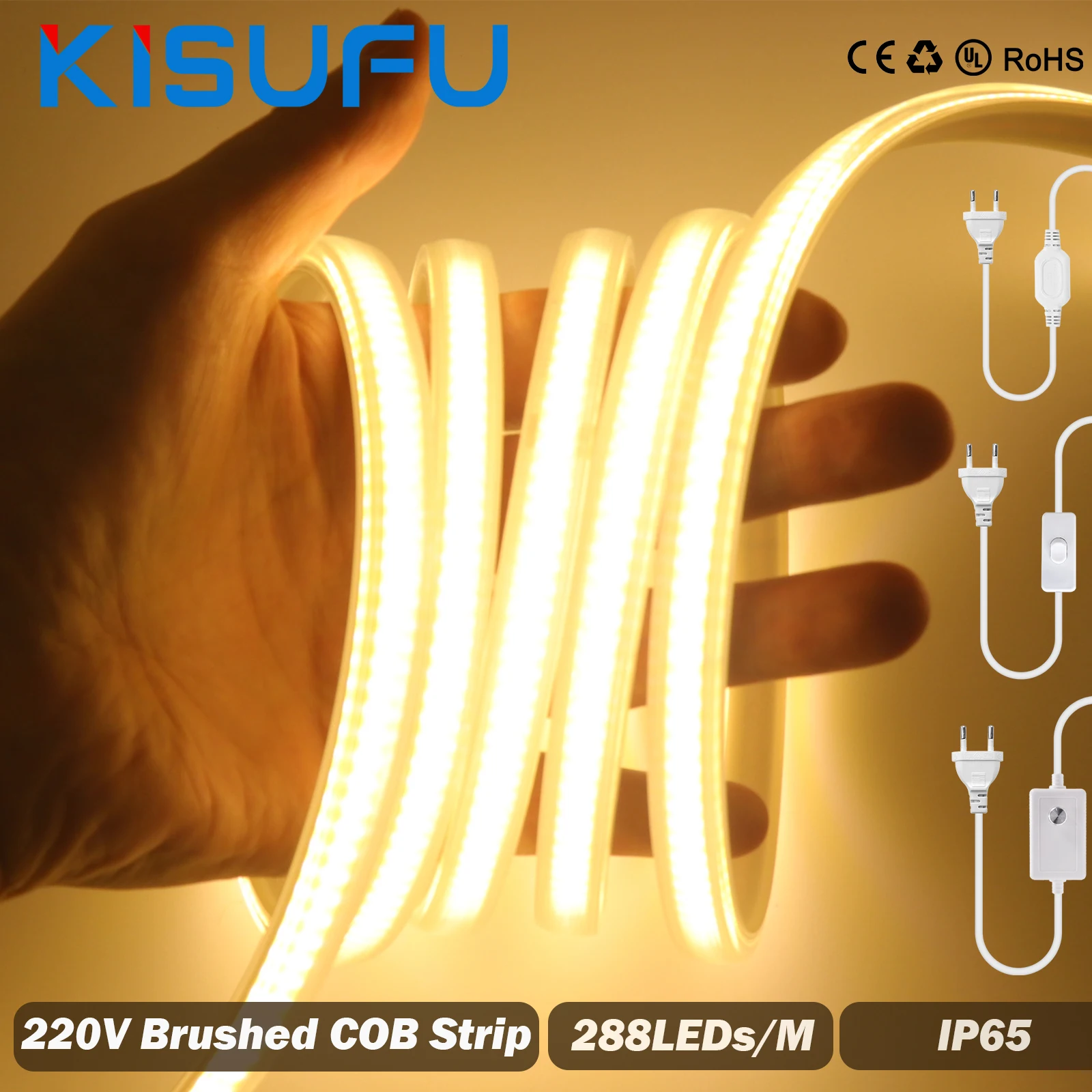 

220 В матовая лента COB с регулируемой яркостью, водонепроницаемая с переключателем/диммером, 288 светодиодов/м, гибкая лента, домашний декор на открытом воздухе, 1 м-35 м